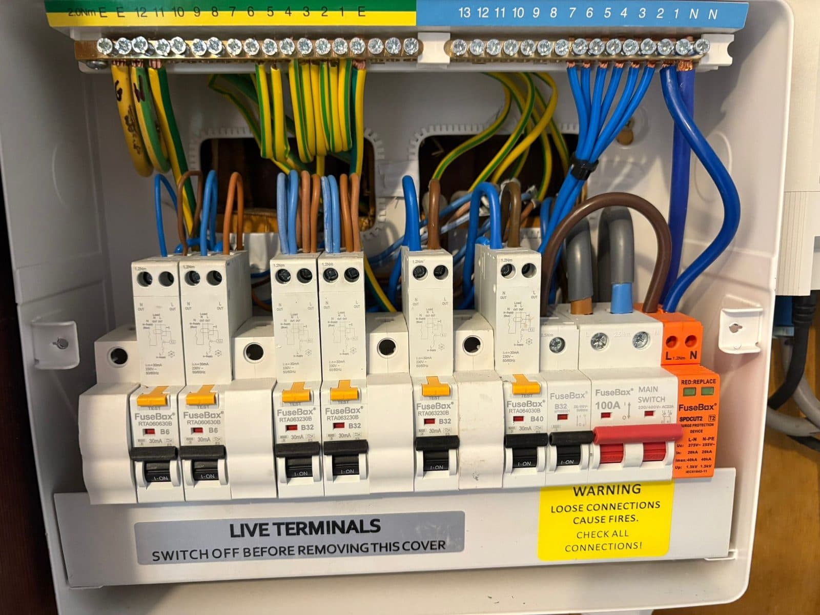 Consumer unit with modern circuit protection installed by Fife Electricians