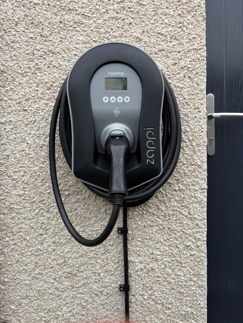 myenergi Zappi EV charger installed on a house wall by Fife Electricians
